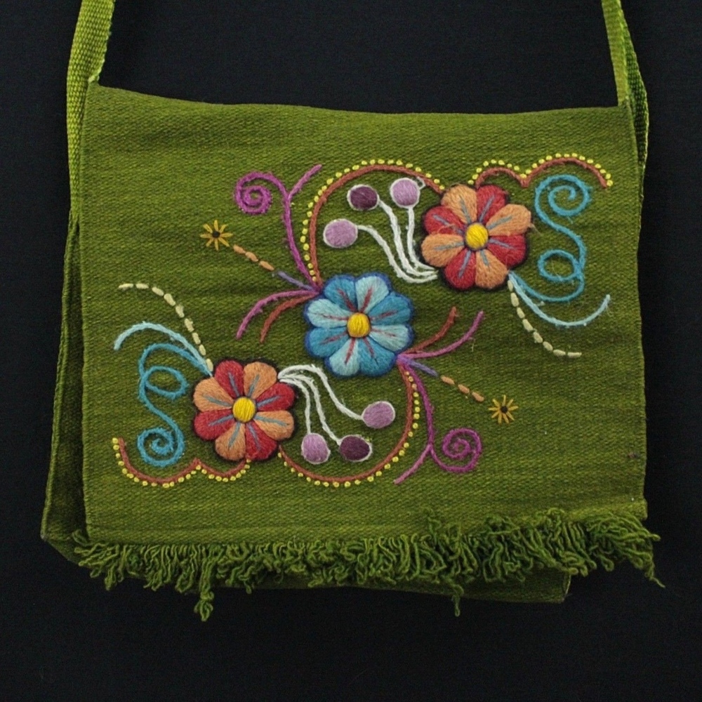 Vintage Green Floral Embroidered Hippie Boho Bag
